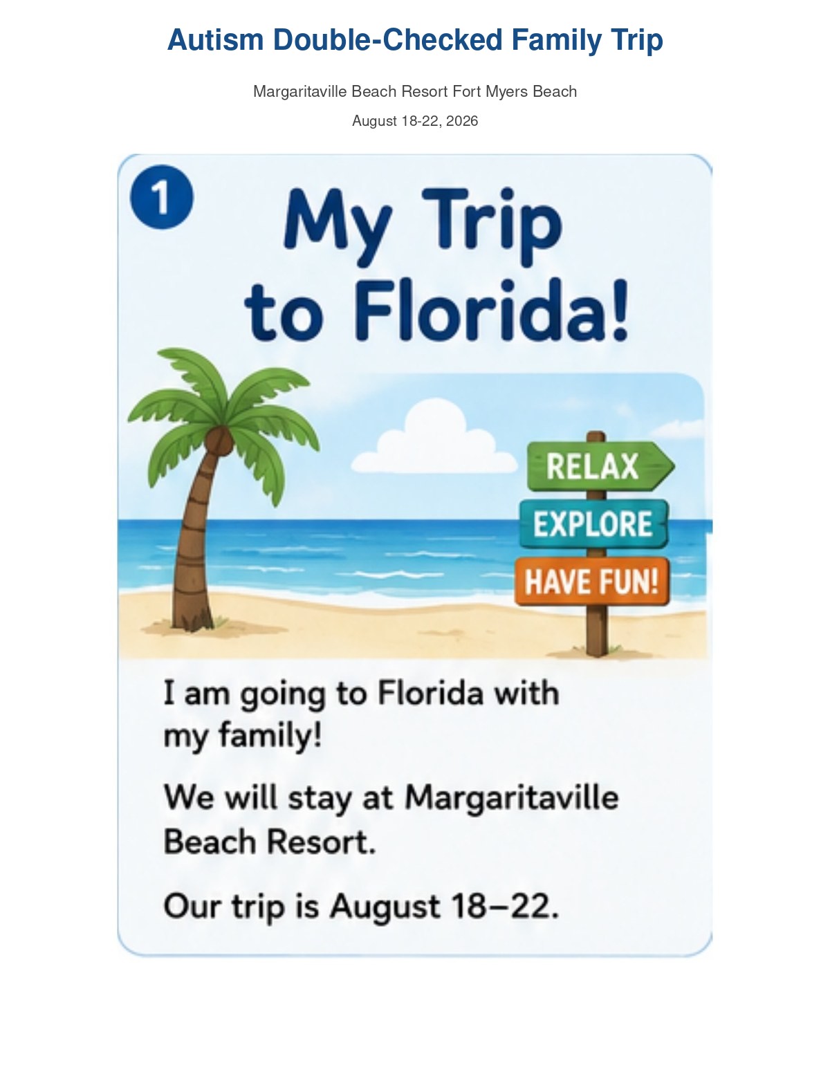 Cover of the Autism Double-Checked Family Trip Visual Guide for the August 2026 trip to Margaritaville Beach Resort Fort Myers Beach.